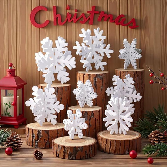 16 Pcs Wooden Snowflake Decorations, 3D White Snowflake Christmas Table Decor, Winter Christmas Table Decorations Indoor, Winter Wonderland Decor for Home Party