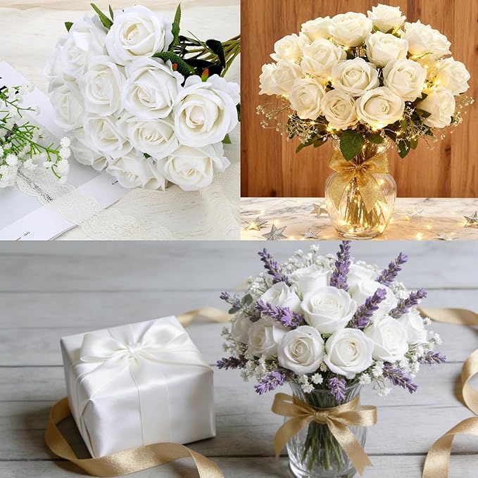 Roses Artificial Flowers, Silk Roses with Stems for Wedding Bridal Bouquets, Valentine Anniversary Mother's Day Get Well Hostess Housewarming Gifts, Indoor Outdoor Decor Party Centerpiece (12, White)