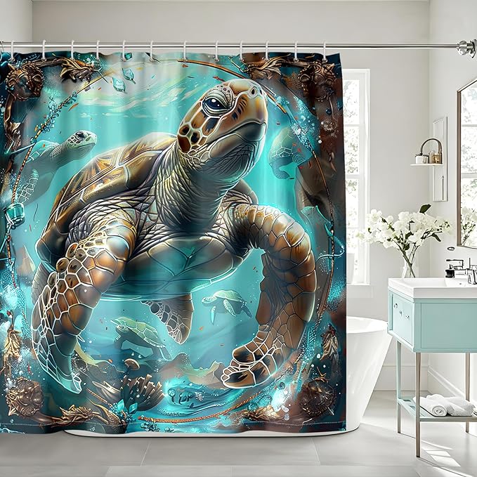4 Pcs Ocean Shower Curtain - Sea Turtle Shower Curtain Under The Sea Curtain for Bathroom Ocean Bathroom Sets with with 12 Hooks