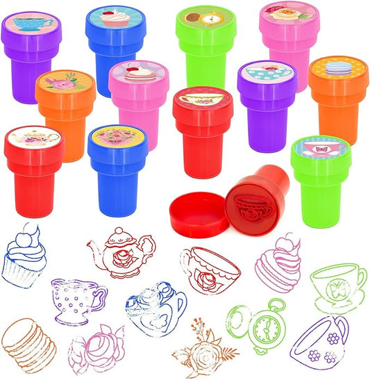 Cinrobiye 24 Pcs Tea Party Favor Stampers,Floral Tea Party Supplies, Teapot Party Favors Gifts, Classroom Rewards Carnival Prizes, Goodie Bag Pinata Fillers
