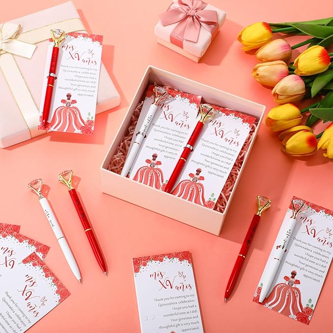 25 Set Quinceanera Party Favors for Guest Sweet 15 Diamond Pens Bulk Mis XV Años Fancy Ballpoint Pen with Thank You Cards and Ties 15th Birthday Thank You Gifts(White, Red)