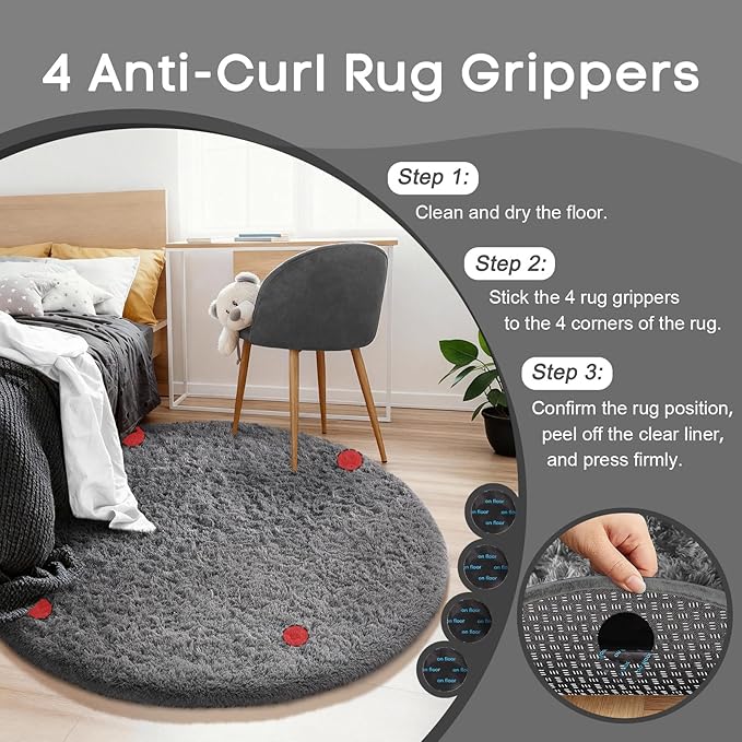 Ophanie Round Rug 4Ft Grey Circle Area Rugs, Fluffy Fuzzy Small Bedroom Carpet 4 Foot, Plush Shag Floor Gray Living Room Christmas Circular Aesthetic Decor for Kids Teen Boys Baby, Nursery, Classroom