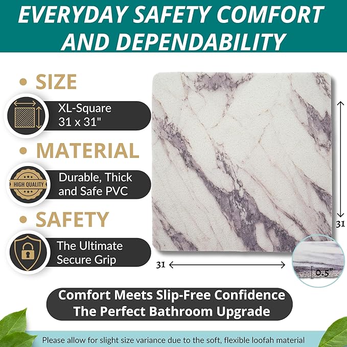 Extra Large Square Shower Mat Non Slip - Soft Loofah Mat - Bathroom Shower Mat Stall - Shower Mat Square - No Slip Shower Mats - Shower Floor Mat - Square Shower Mats for Showers (Gray Marble 31x31)