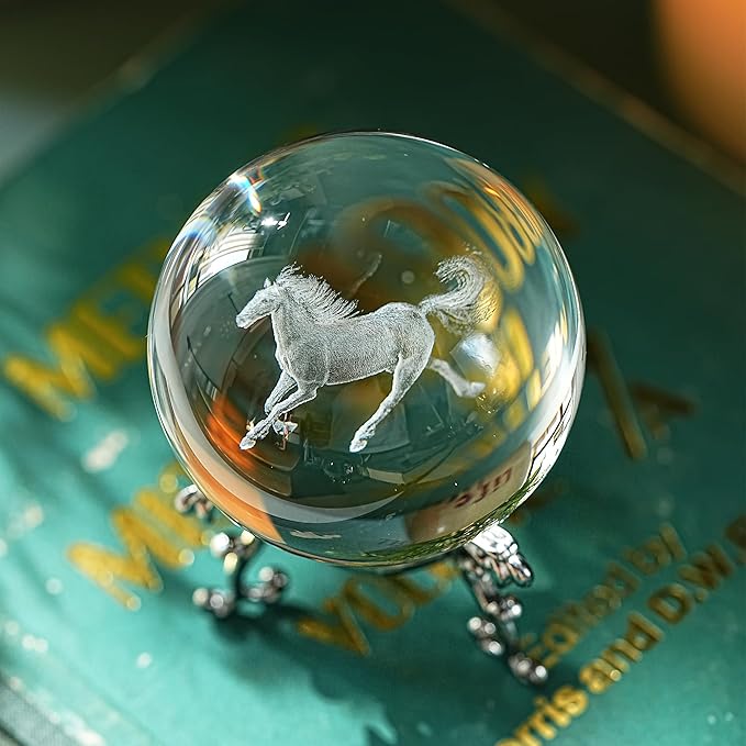 ZEERSHEE 60mm 3D Horse Crystal Ball Figurines with Stand Chinese Zodiac Glass Ball Feng Shui Sphere Home Table Decor