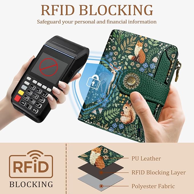 Squirrels Wallet Women Small RFID Blocking Bifold, Credit Card Holder, Zipper Coin Pocket, Cute, PU Leather, Compact, Travel, ID Window, 14 Card Slots, Cash Purse, Ladies Woman Female Girls