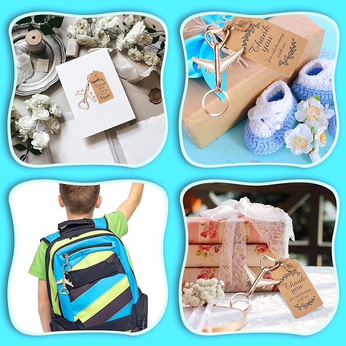Honeydak 20 Set Airplane Bottle Opener Keychains with White Sheer Favor Bag Thank You Card Tags for Wedding Favor Baby Shower Return Presents Travel Theme Party Let the Adventure Begin