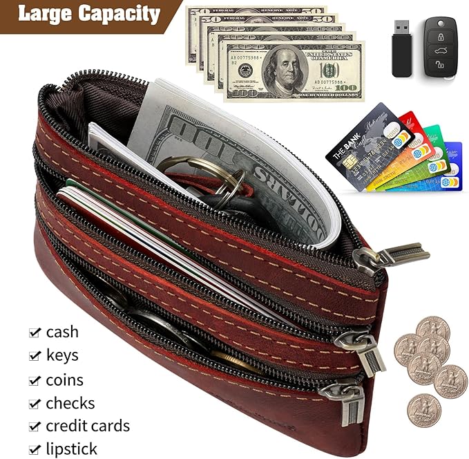 Jack&Chris Coin Purse Pouch for Men, Genuine Leather Coin Purse Zipper Pocket with Keychain Ring, Coin Bag for Men,JC301-Red