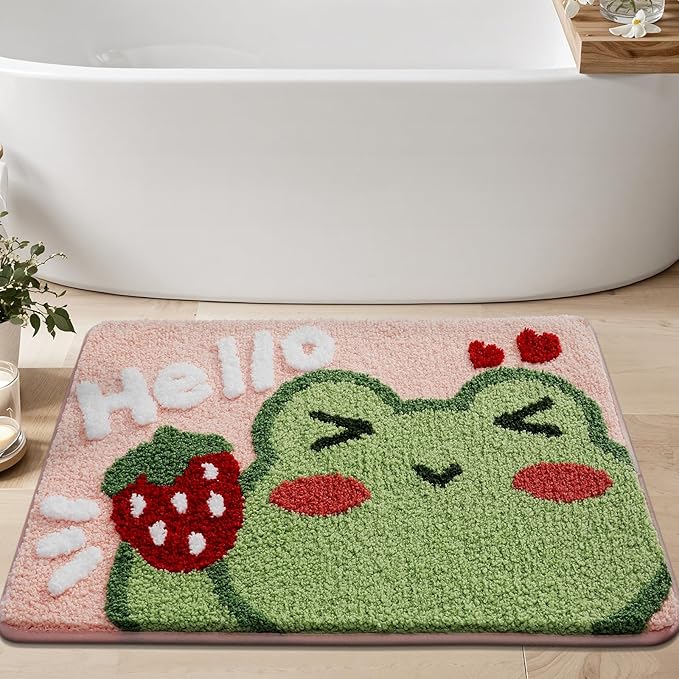 Ankah Bath Mat Cute Shower Rug, Luxury Shaggy High Absorbent and Anti Slip, Machine Washable Fit for Bathtub, Shower and Bath Room, (17.71"x 25.59", Hello Frog)