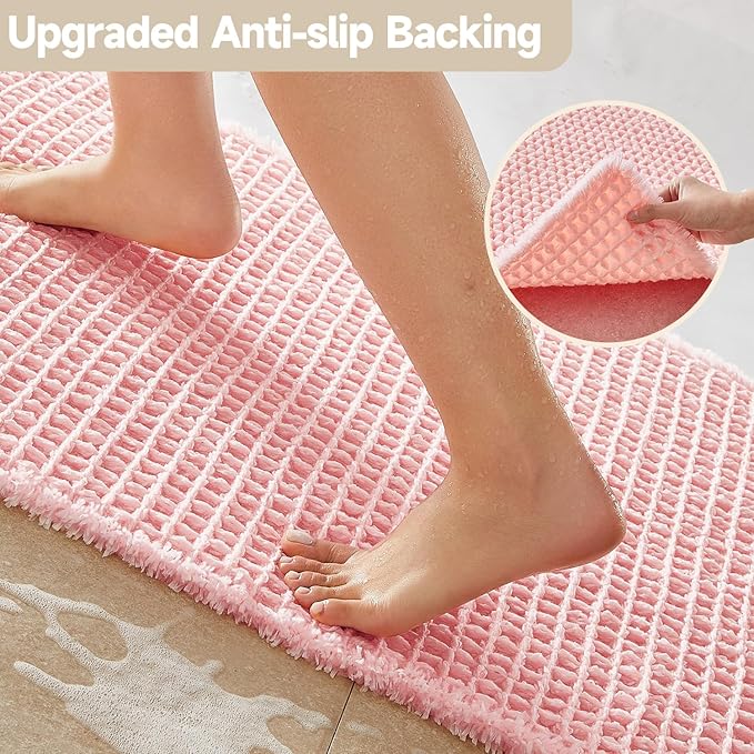 Light Peachy Pink Bathroom Rugs, Waffle Bath Mat Non Slip Washable Quick Dry Cute Bath Mat Boho Farmhouse Bathroom Decor, 48"x24" Light Peachy Pink