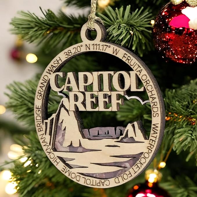 Capitol Reef National Park Wood Handcrafted Ornament - 3" Round Christmas Decoration, Made in USA, Featuring Iconic Landmarks