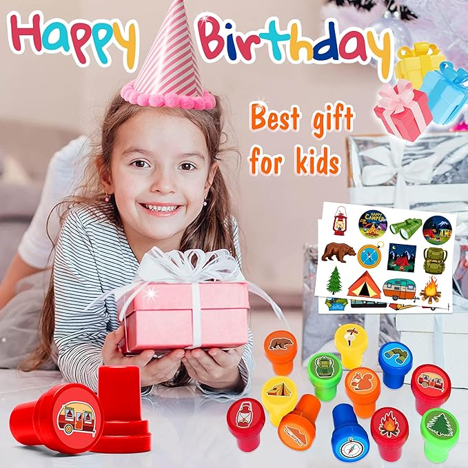 36PCS Camping Party Favors - 24PCS Temporary Tattoos & 12PCS Stamps - Ideal Adventure Themed Birthday Card Decorations Supplies Goodie Bag Cute Rewards for Boys Girls Classroom Gifts Baby Shower