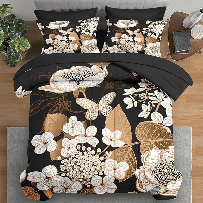 Comforter Set Full Size, Hydrangea Butterfly Flower 7 Pcs Bedding for Kids and Adults, Black Gold Bed Sheet Sets with Fitted Sheet 2 Pillowcase & 2 Sham for Bedroom Bed Decor