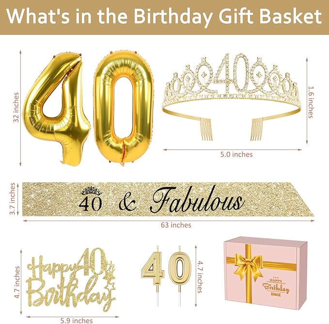 40th Birthday Decorations Women Gold with Sash and Tiara, Cake Topper and Candles, Number Balloons, 40th Birthday Gifts for Women