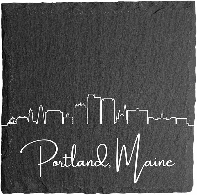 Blue Ridge Mountain Gifts - Portland ME Skyline Coasters, Set of 4 - Portland Maine Souvenir, Slate Coasters with Minimalist Skyline, Housewarming Gift for Friends, Family, & Neighbors