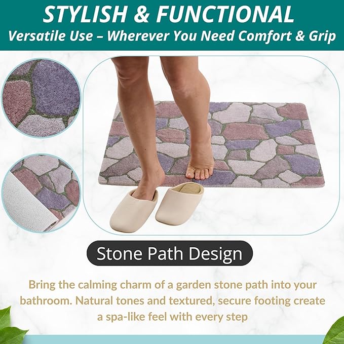 Enkosi Loofah Non-Slip Shower Mat - Shower Floors, Bathtub, Bathrooms, Wet Areas - Cushioned Bath Mat with Drain Holes - Quick Dry PVC, Secure Safety Pad Without Suction Cups (32x24 Stone Path)