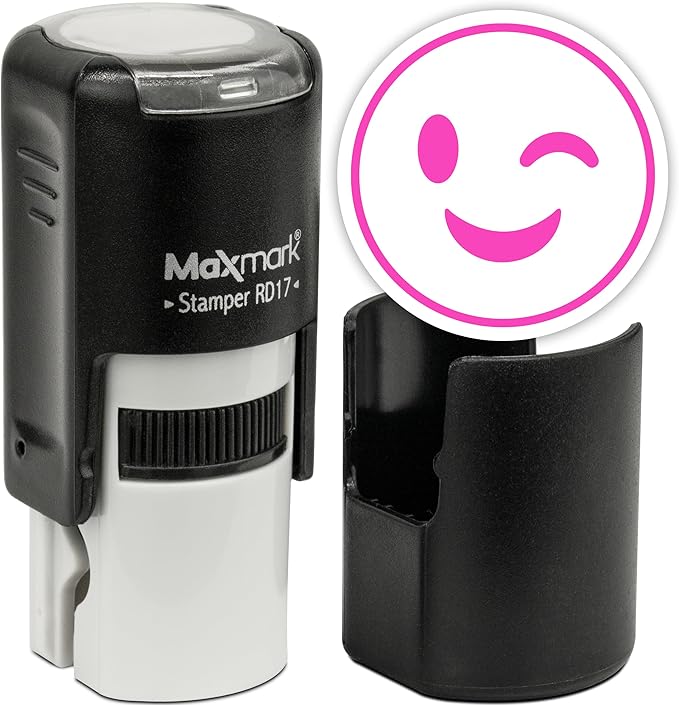 MaxMark Round Self Inking Emoji Stamp - Wink - Pink Ink