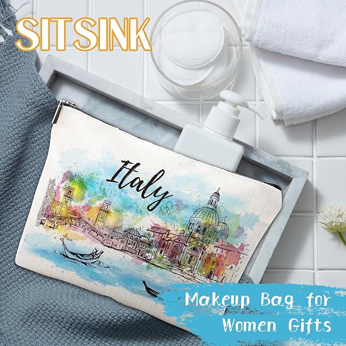 Italy Souvenirs Travel Essentials - Venice Scene Italy Gifts for Women, Italy Trip Souvenir Small Makeup Bag for Purse, Watercolor Italian Themed Birthday Christmas Gifts for Friends Family