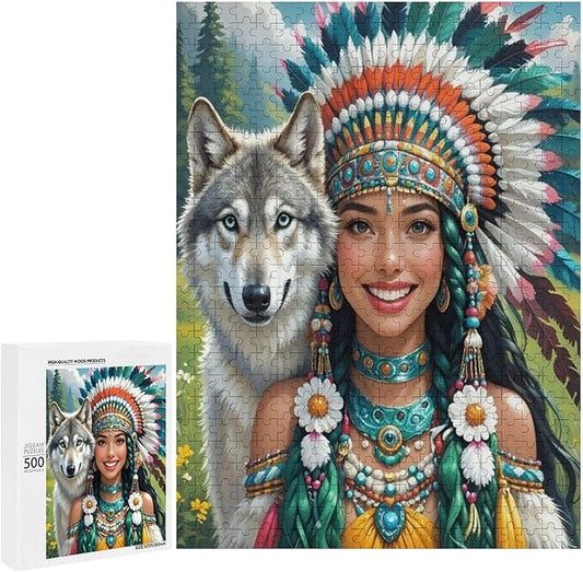 Wooden Puzzle - Indian Beauty & Wolf，Native American Jigsaw Puzzles，Wooden Puzzles for Adults 500 Pieces Unique Gifts for Wall Art，Challenge Puzzles，Educational Games，Family Puzzles