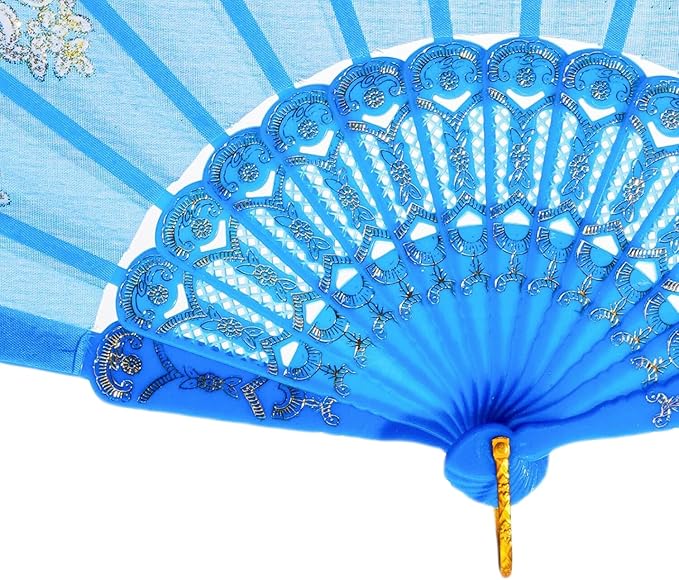 QIRMIZI 10 Pack Folding Handheld Fans,Silk Spanish Fan, Perfect for Weddings, Parties, and Dancing,Light Blue