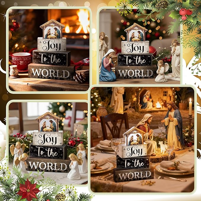 4 Pcs Christmas Table Decor Wooden Christian Religious Decoration Nativity Scene Centerpiece Joy to the World Tiered Tray Decor Farmhouse Xmas Decoration for Kitchen