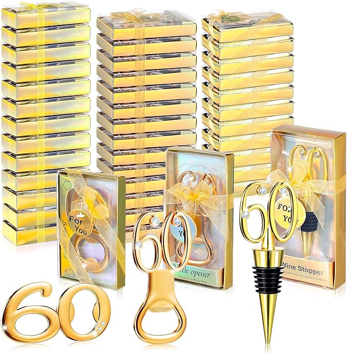 Hushee 30 Pcs 60th Birthday Party Favors for Guests Birthday Bottle Opener Golden Wine Stoppers with Rhinestones for Adults Women Wedding Party Anniversary Souvenirs Keepsakes