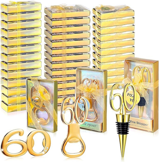 Hushee 30 Pcs 60th Birthday Party Favors for Guests Birthday Bottle Opener Golden Wine Stoppers with Rhinestones for Adults Women Wedding Party Anniversary Souvenirs Keepsakes