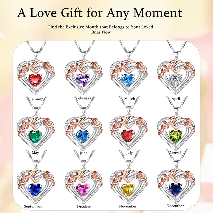 JKK Valentines Day Gifts for Mom - S925 Sterling Silver 12 Month Birthstone Necklaces Valentine's Day Mothers Day Birthday Christmas Gifts for Women Wift Mom