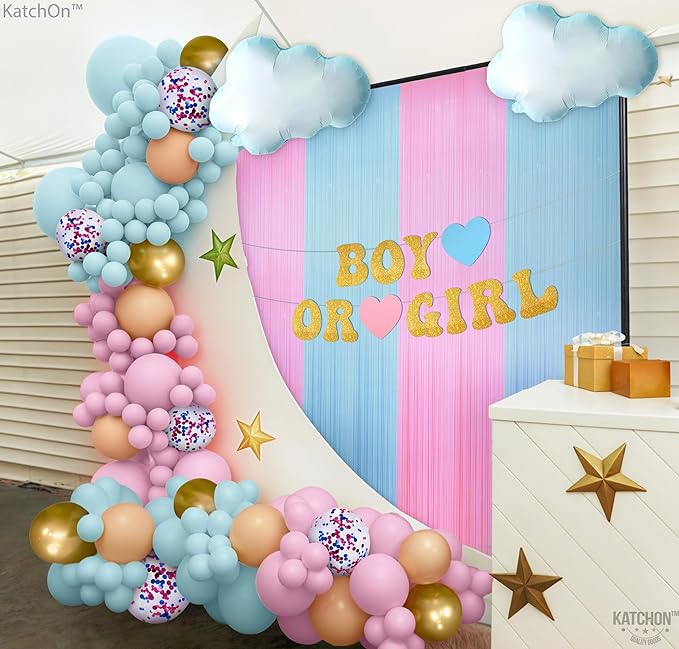 KatchOn, Gender Reveal Decorations Set - Huge, Pack of 85 | Gender Reveal Balloon Arch Kit | Pink and Blue Streamers | Boy or Girl Baby Shower Decorations | Boy Or Girl Banner, White Cloud Balloons