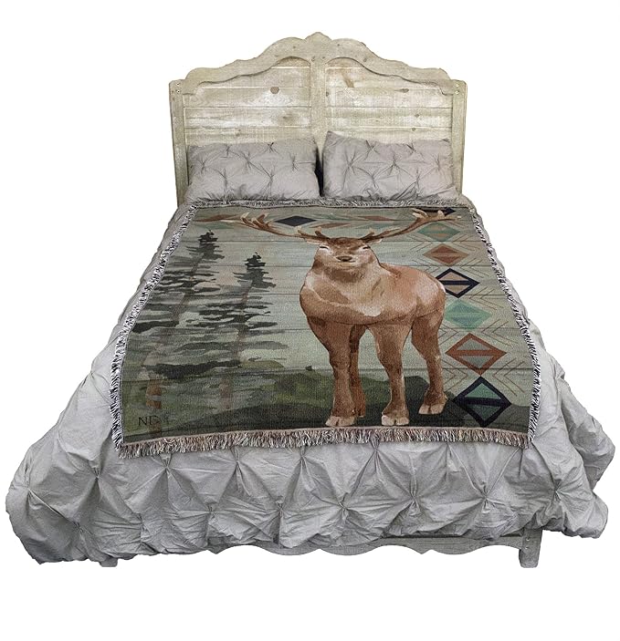 Pure Country Weavers Animals Lodge Deer Elk 2 Blanket by Nicole DeCamp - Wildlife Lodge Cabin Gift Tapestry Throw Woven from Cotton - Made in The USA (72x54)