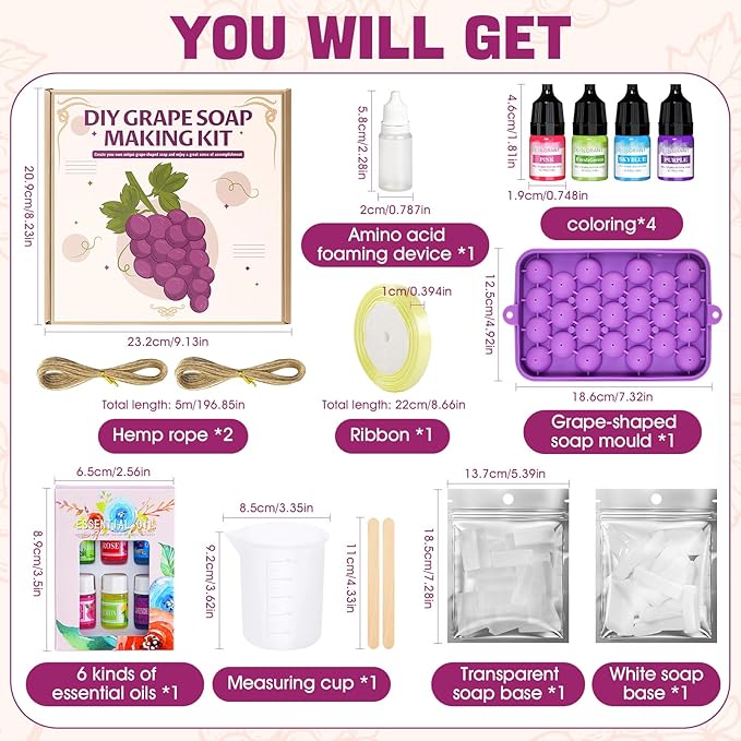 Soap Making Kit for Adults, Grape Soap Complete Accessories Contains Mould Soap Base Color Essential Oil Realistic and Beautiful Appearance Safe and Reliable Ingredients Perfect Handmade Gift