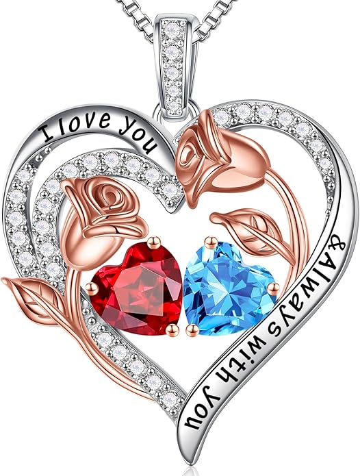 Iefil Valentines Day Gifts for Her - 925 Sterling Silver Rose Heart Birthstone Necklace Birthday Anniversary Jewelry Gifts for Her Wife Mom Daughter