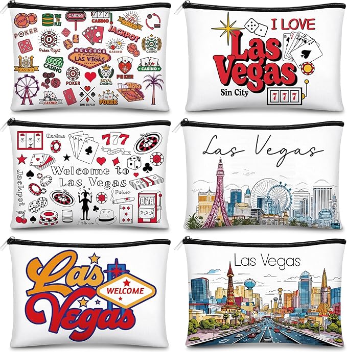 Reginary 6 Pcs City Cosmetic Bag Souvenir Gifts New York Zipper Pouch Chicago Souvenir Seattle Boston Nashville London Paris Italy Alaska Gifts Memento for Women Traveler(Las Vegas)