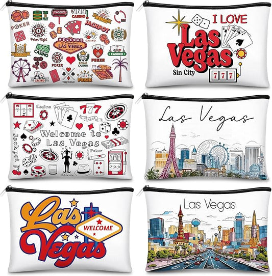 Reginary 6 Pcs City Cosmetic Bag Souvenir Gifts New York Zipper Pouch Chicago Souvenir Seattle Boston Nashville London Paris Italy Alaska Gifts Memento for Women Traveler(Las Vegas)