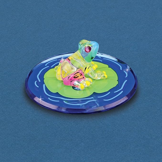 Glass Baron Frog on Lily Pad Glass Figurine, Hand Blown & Sculpted with Austrian Crystal Accents & Airbrushed Glass, Beveled Mirror Base, Collectible Ornament for Home Decor Table Centerpiece