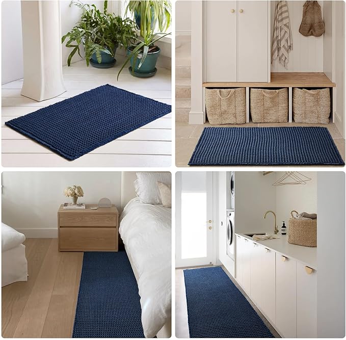 Waffle Runner Rug Bathroom, Long Boho Bathroom Rugs Non Slip Washable Super Absorbent Quick Dry Farmhouse Bath Decor, 60"x24" Navy Blue