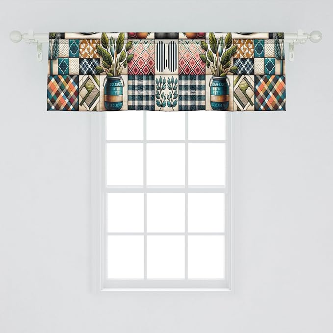 Ambesonne Bohemian Window Valance, Checkered Design Leafy Jar Illustration with Groovy Plaid Boho Modern, Curtain Valance for Kitchen Bedroom Decor with Rod Pocket, 42" x 18", Teal Pink and Green