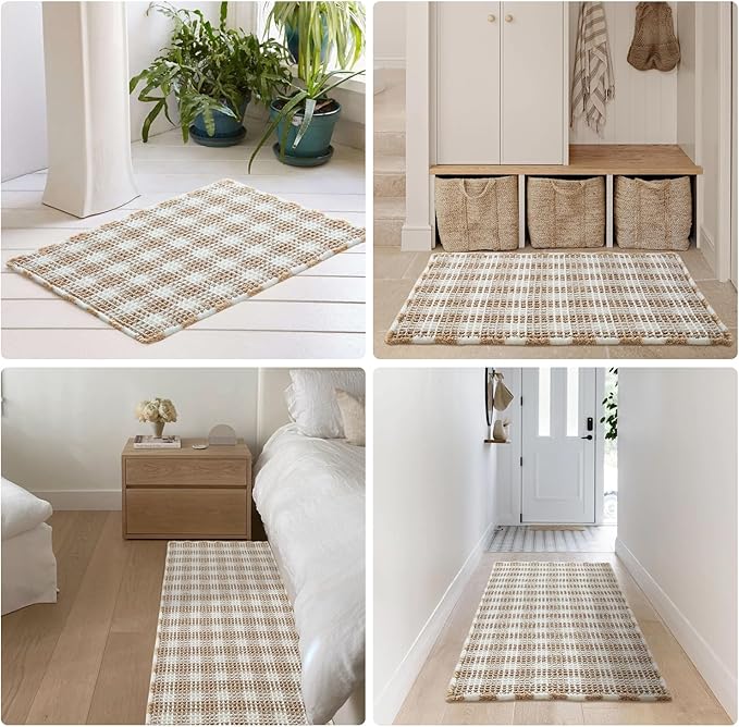 Waffle Bath Mat, Boho Bathroom Rugs Non Slip Washable Absorbent Checkered Bathroom Mat Quick Dry Farmhouse Bathroom Decor, 48"x24" Khaki and White