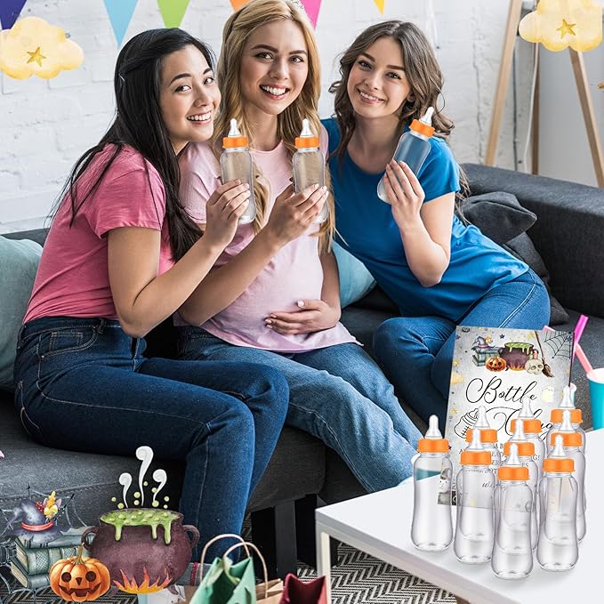 TrelaCo Halloween Cool Baby Shower Games Bottle Chug Sign Wooden Halloween Boo Theme Baby Gift Sets Gender Reveal Party Favors and 12 Pcs Baby Bottle Shower Favor Baby Bottles for Baby Shower