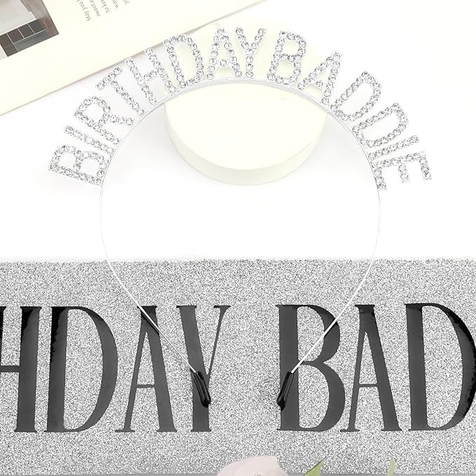Aprince Birthday Baddie Sash and Tiara Crown for Women Girls Silver Happy Birthday Headband Accessiores Party Decorations
