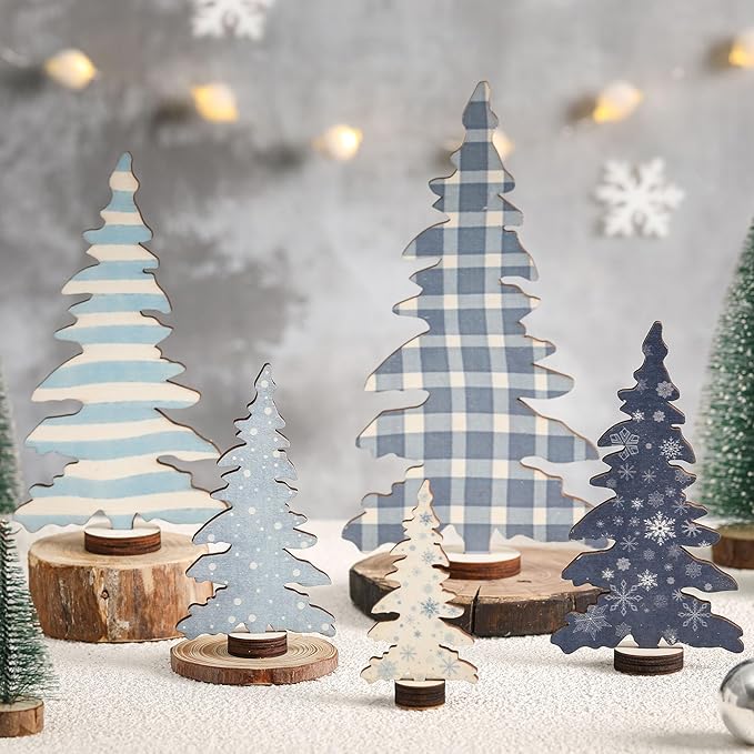 5 Pcs Wooden Christmas Tree Tabletop Decorations, Winter Tiered Tray Decor for Table Shelf Mantel Office, Small Christmas Tree for Farmhouse Table Decor