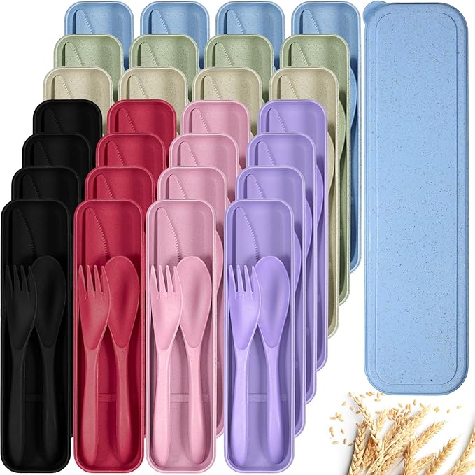 Yahenda 28 Set Reusable Travel Utensils Set with Case Wheat Straw Cutlery Portable Spoon Knife Fork Plastic Tableware Lunch Box Accessories Bulk for Adult Travel Picnic Camping Utensil(Assorted Color)
