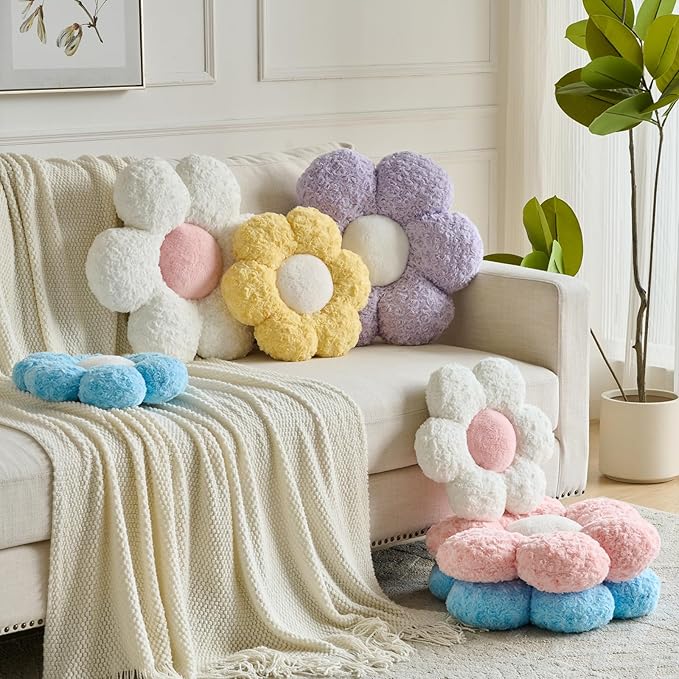 Flower Pillows, Decorative Throw Pillow with Soft Plush for Couch, Flower Shaped Pillow Home Decor Daisy Pillow for Bed (White, 14.9 Inches)