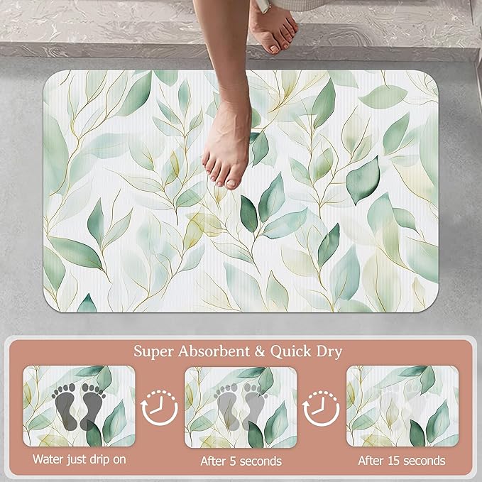 Eucalyptus Leaves Bathroom Rugs,Bath Mats for Bathroom,Sage Green Leaf Low Pile Absorbent Bath Mat,Rubber Backing Non Slip Washable Thin Quick Dry Door Mat 17x29.5 Inch