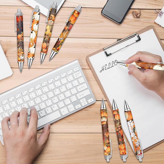 Idealmuzik Thanks Gifts,Festive Fall-Themed Ballpoint Pens for Girls, Students, and Stationery Lovers – Smooth Writing Pens for Journaling, School, or Holiday Gifts – Autumn Harvest Design, 8 Pack