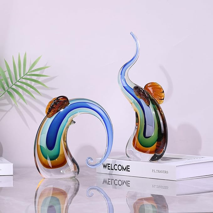 suruim Hand Blown Murano Glass Elephant Statues Set - Luxury Sculptures Home Decor for Living Room & Office Art Glass Ornament Animal Collectible (Blue)
