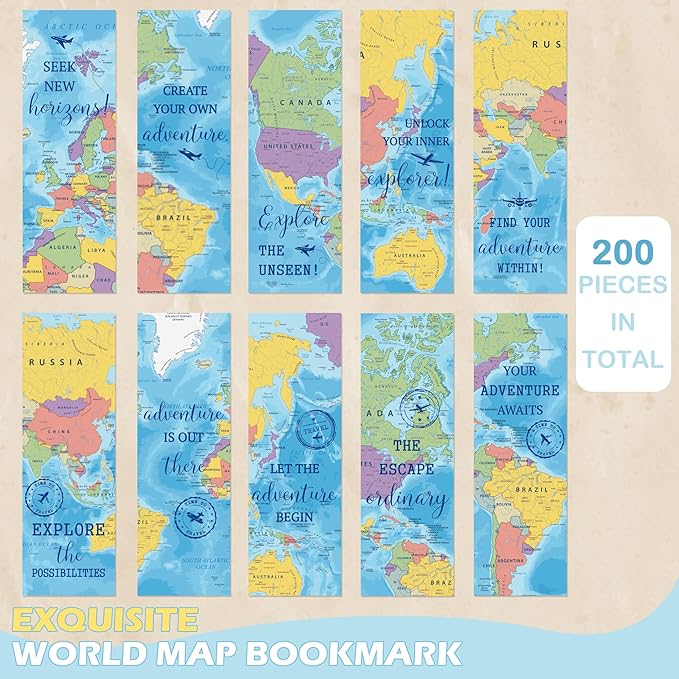 200 Pcs World Map Bookmarks, Bulk Geography Paper Bookmarks for Readers & Teachers, Classroom Decor, Reading Incentives, Travel Theme Bookmark Set for Women Men