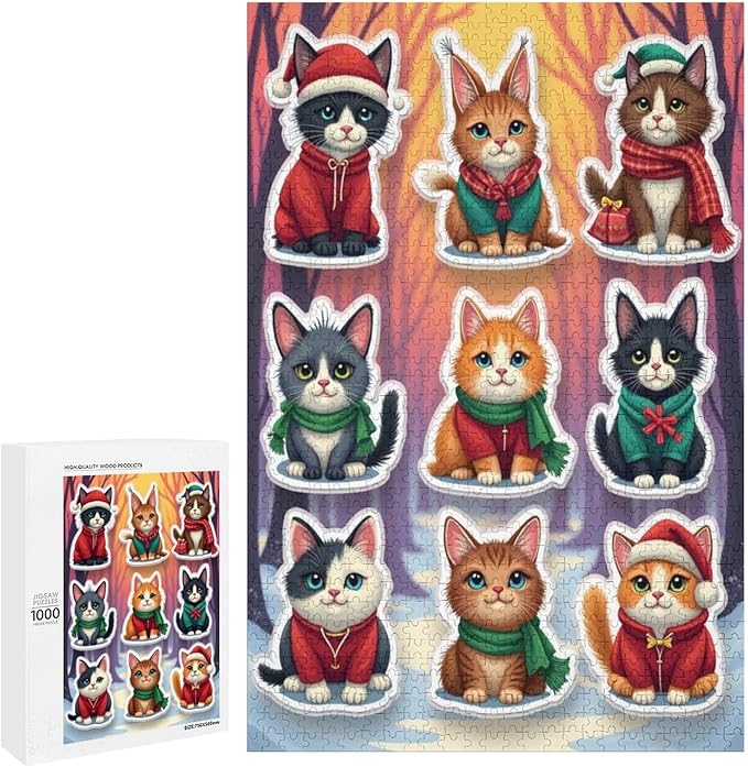 Wooden Puzzle 1000 Pieces Adult - Christmas Cat Puzzle Christmas Puzzles, Holiday Puzzles, Family Toys, Party Games, Jigsaw Puzzle Challenge and Funny