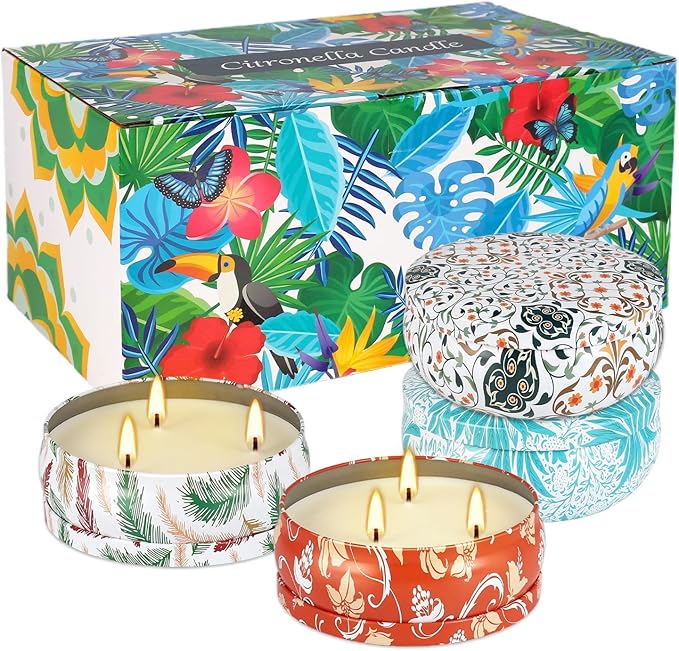 4-Pack Citronella Candle Set in Decorative Tropical Flower Tin Boxes - 3-Wick Functional Decorative Candles for Indoor & Outdoor Use - Perfect for Camping, Travel, BBQ, Picnics, and Mother's Day Gift