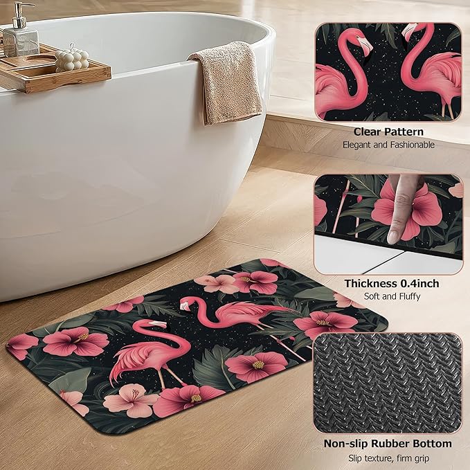 Bath Mat,Pink Flamingos Bathroom Rugs,Quick-Drying Non-Slip Rubber Bath Mats Hibiscus Flowers Absorbent Diatomaceous Earth Mat for Bathroom Home Decor 17"x29.5"