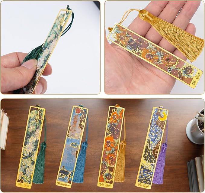 4pcs Elegant Metal Bookmarks with Tassel, Oil Painting Theme Vintage Bookmarks mit Gift Box,Golden Hollow,Fancy Aesthetic Page Holder Thank You Gifts for Teacher Readers Women Men Friends
